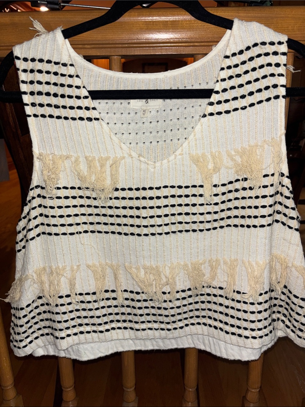 Lou & Grey Cream and Black Striped Fringe Knit Tank
